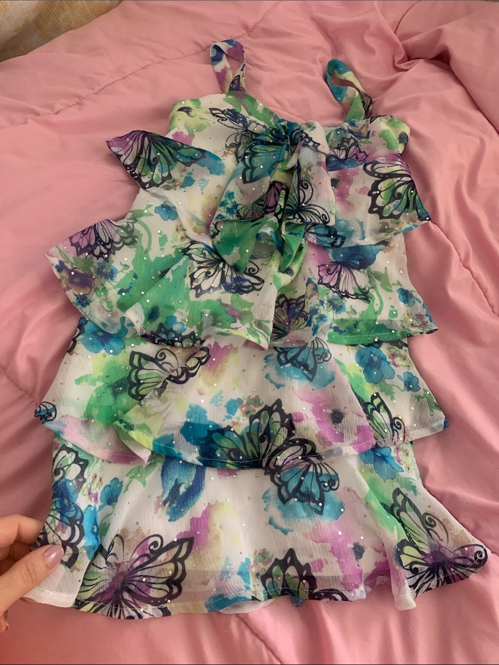 Justice Girls Watercolor Butterfly Ruffle Dress in Blue, Green & Purple